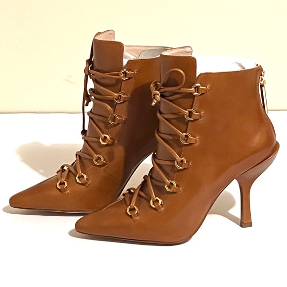 Louie Et Cie Tan Leather Lace Up Boots Size 5.5 New - Picture 1 of 12